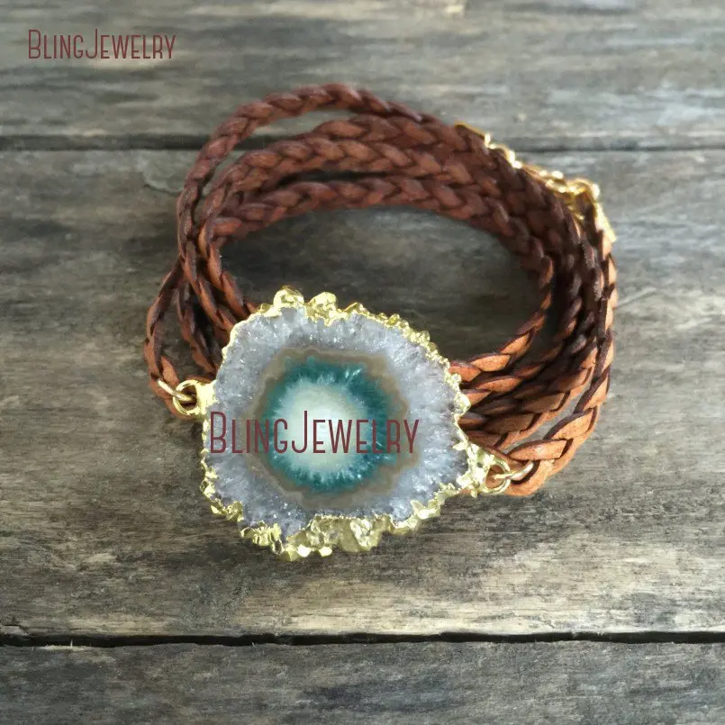 

Leather Wrap Bracelet Geode Stalactite Druzy Bracelet, Braided Leather BM16085