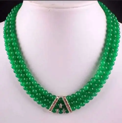 Модные 3 ряда 6 мм Зеленый жадеит 8 камень круглые бусины Necklace17 19 ''AAA|Ожерелья с