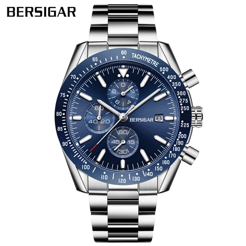 Blue stainless stee BERSIGAR часы для мужчин роскошный силиконовый ремешок Водонепроницаемый Спортивный Кварцевый Хронограф военные часы мужские часы Relogio Masculino - Цвет: Blue stainless stee