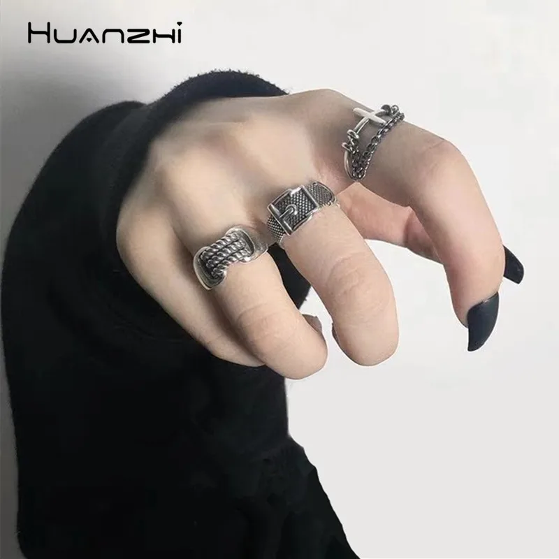 HUANZHI винтажные серебристые металлические панк цепи крест Открытый кольца ремень