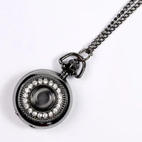 stylish and generous retro cat eye small exquisite diamond encrusted pocket watch classic black pocket watch with necklace