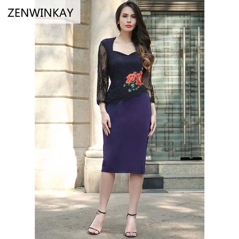 2017 женщины карандаш slim dress женская кружева midi платья женщин половина рукава o шеи