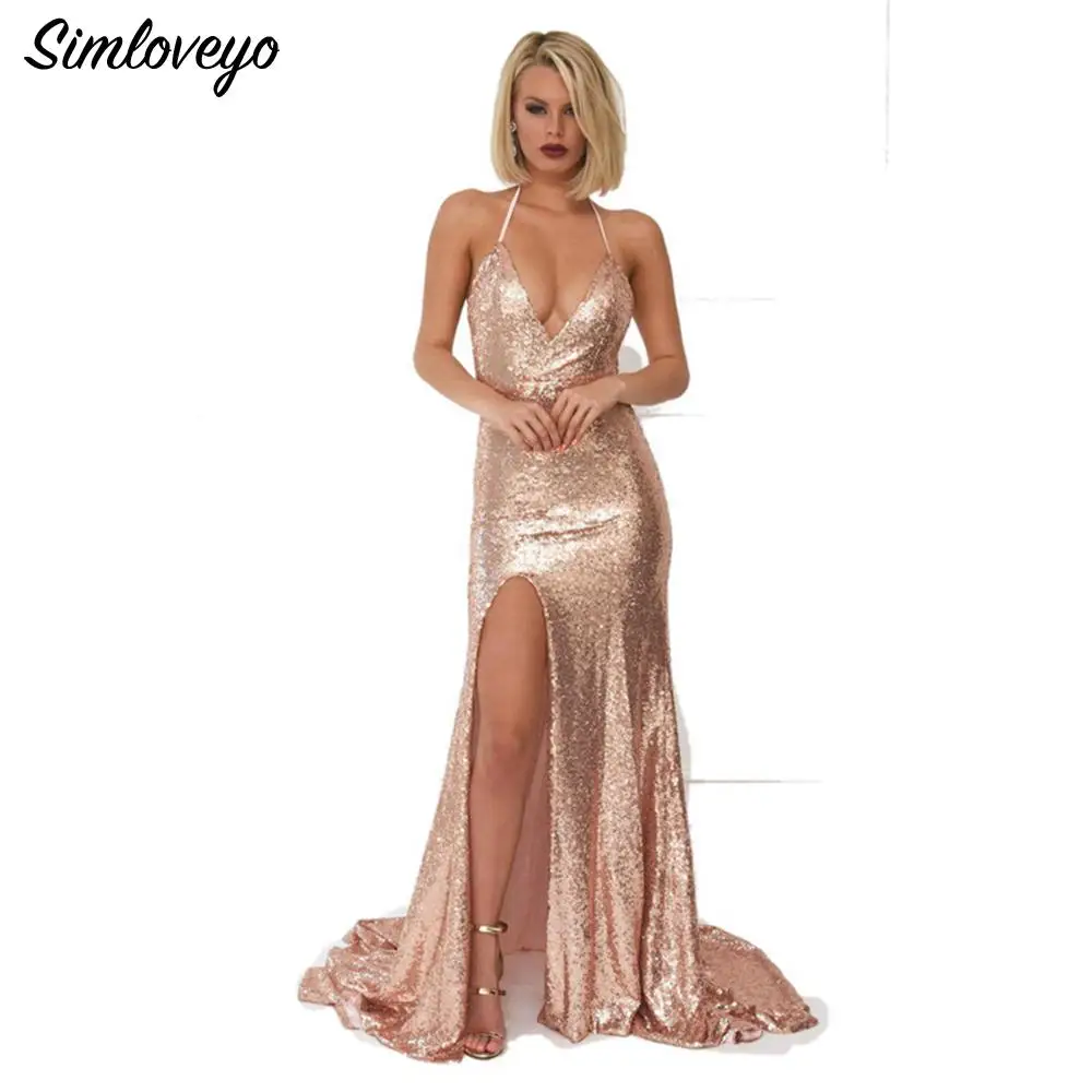 

SIMLOVEYO dress High-Split Women bling Evening Party Dresses Clubwear Long Sleeveless dress women V-neck Sequin Floor- Vestido