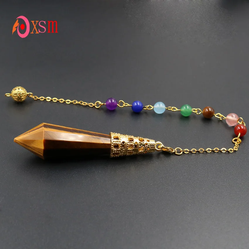 xinshangmie Light Yellow Gold Color Natural Tiger Eye Stone Pyramid Hexagonal Prism Pendulum Pendant 7 Chakra Chain Jewelry | Украшения и