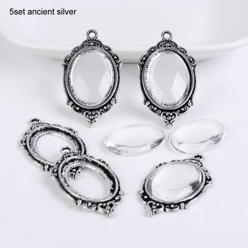 5set ancient silver Аксессуары для рукоделия, заготовки для основы, стеклянный драгоценный камень, 3D Блестящий Шарм, бусины, точечный кулон, художественный декор, стразы, лоток из цинкового сплава - Цвет: 5set ancient silver