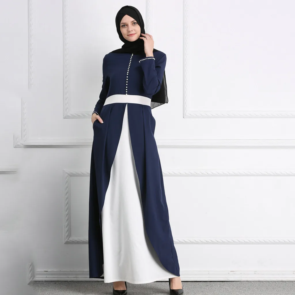 Красивое мусульманское женское платье Abaya Дубай лоскутное с круглым вырезом