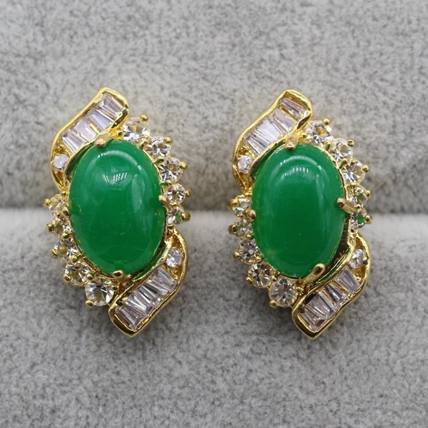 Женские серьги гвоздики JINYAO из чистого золота с овальным зеленым камнем и