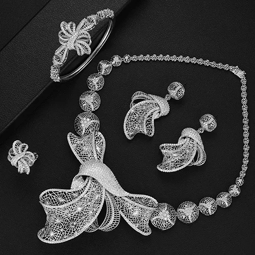 Silver Godki роскошный комплект нигерийских ювелирных изделий с бантом наивысшего качества для женщин свадебный Циркон Кристалл CZ индийский Африканский Свадебный ювелирный набор - Окраска металла: Silver
