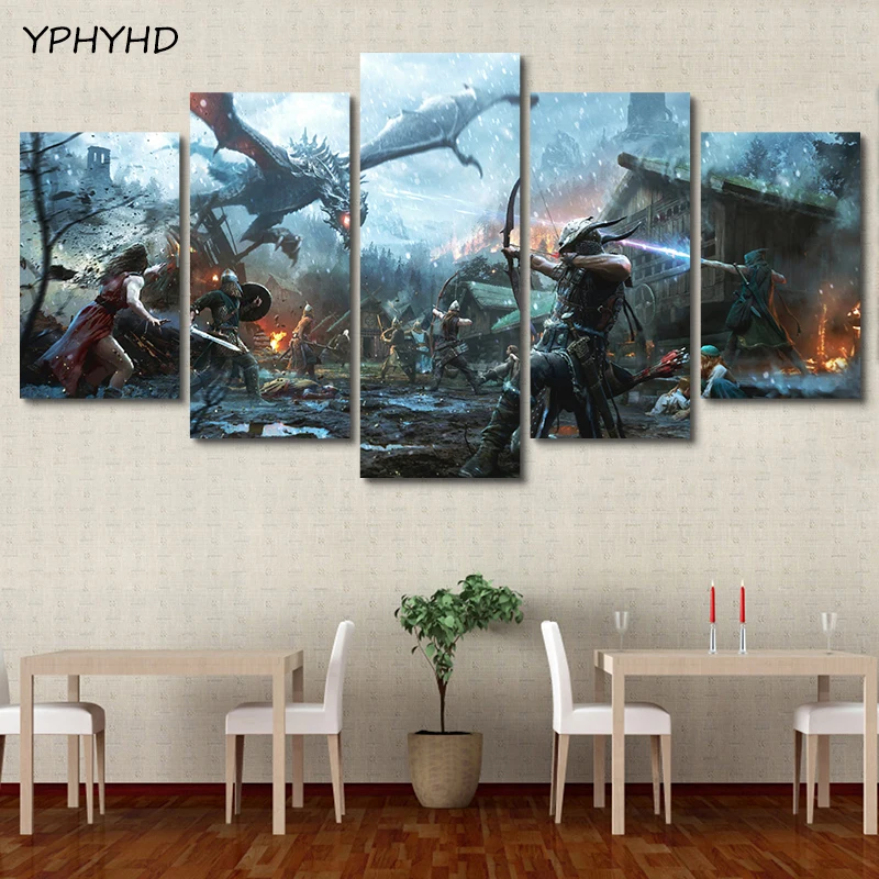 YPHYHD печать HD искусство современный 5 шт. воин Боевая картина с драконом плакат