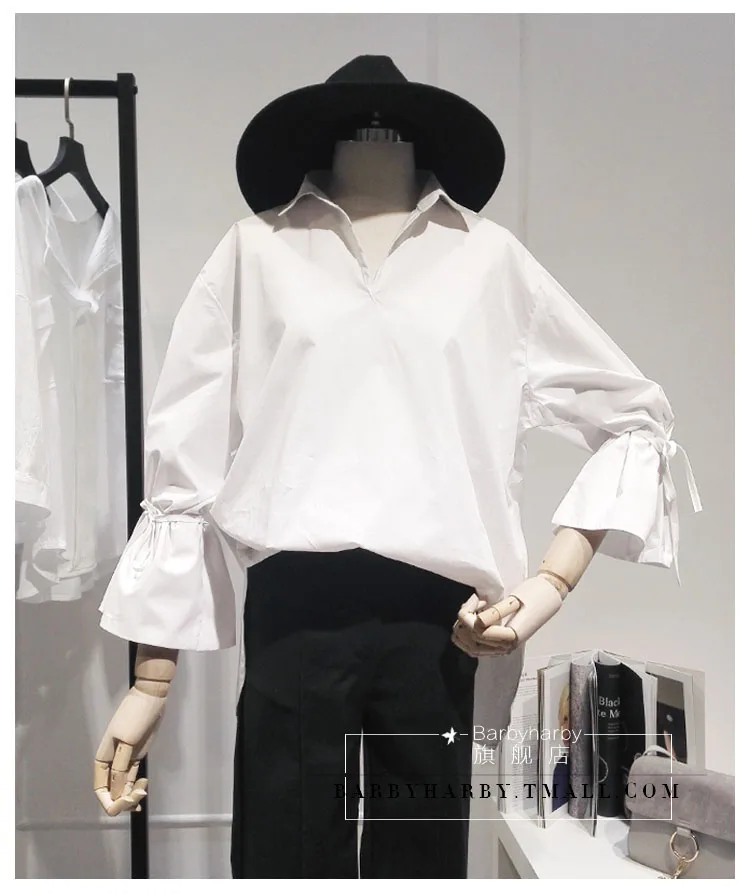 

2019 Spring Office Lady Shirts Loose V-collar Horn Sleeve Shirts Women with Nine-point Sleeve Shirts Solid Turn-down Collar