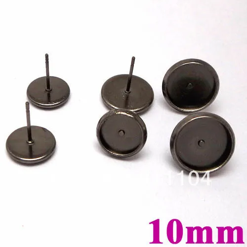 

10mm Gunmetal Black tone Blank Earrings Base Circle pads Bezel Tray Stud Pins Earrings post Settings ewellry Findings Wholesale