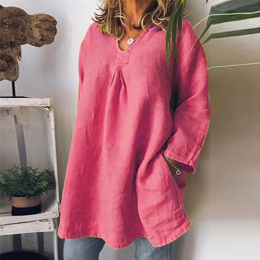 Femme Peplum Топ Blusas женский плюс размер длинный рукав хлопок лен v-образный вырез