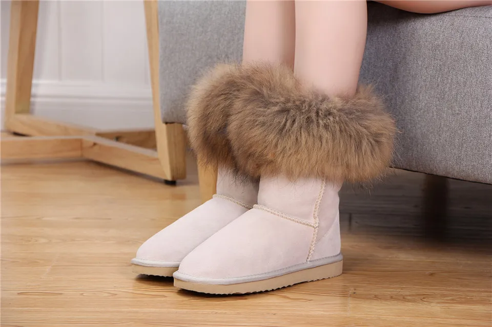 MBR FORCE Fashion Women's Natural Real fox Fur Snow Boots Genuine Cow Leather women Boots Female Warm Winter Boots Shoes