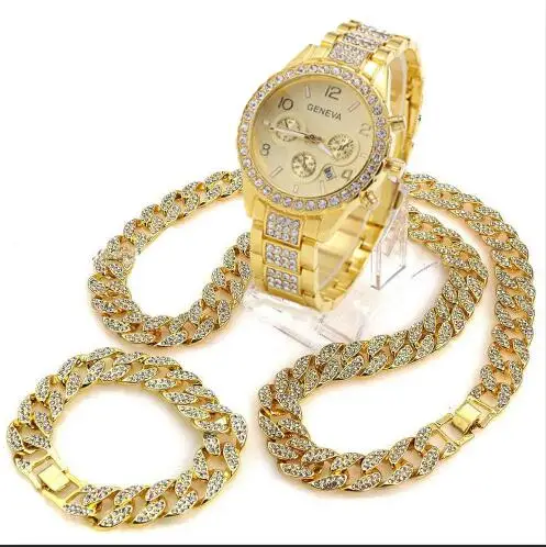 Gold Set Iced Out часы 1" кубинские звенья цепи ожерелье& 8,5" браслет комплект - Окраска металла: Gold Set