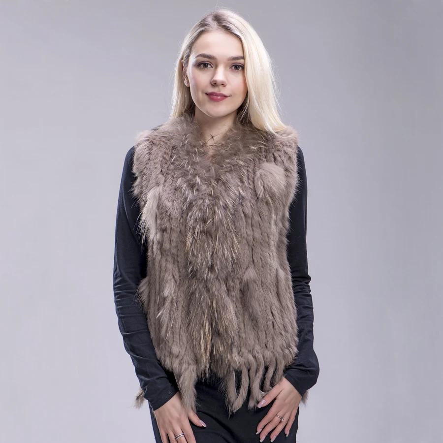 kahki ZDFURS* Новая цветная Женская жилетка из натурального кроличьего меха с кисточками и воротником из меха енота,, Прямая поставка - Цвет: kahki