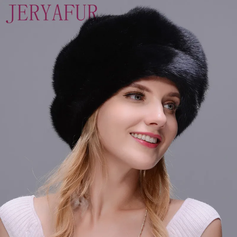 JERYAFUR 2018 Russian hat winter woman fur style cloak real mink Black women's protective ear | Аксессуары для одежды