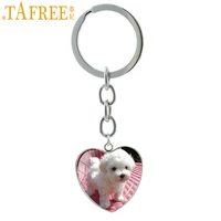 tafree cute white poodle pet dog keychains heart shape art picture glass dome pendant key buckle keyrings jewelry gift e771