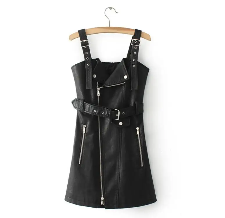2018 PU Leather Women Dress Spring Summer Fashion Sashes Zipper Vintage Mini Dresses Slim Sexy V Neck Short Sundress | Женская одежда
