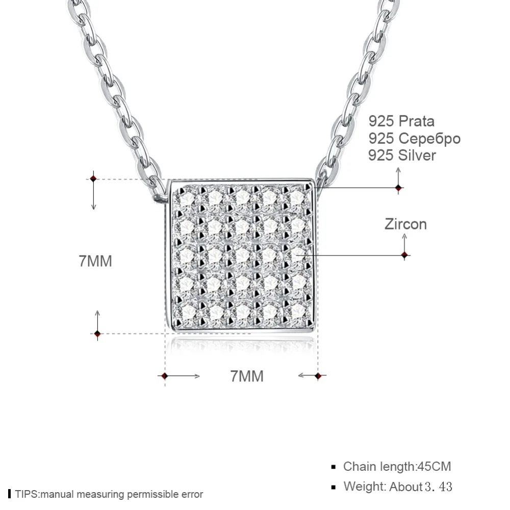Exquisite Silver Cubic Zircon Cube Pendant Necklace Women 925 Sterling Rhinestone Square Drop for Lady Love Gift |