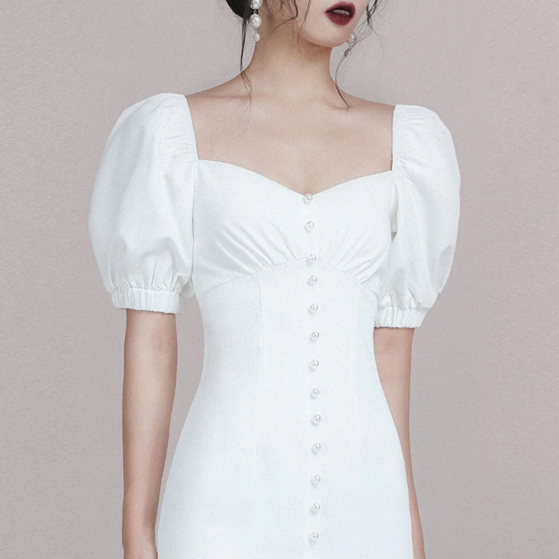 Max Spri Vestidos, новинка, женское сексуальное платье с v-образным вырезом, короткими рукавами-фонариками, с длинным рукавом, с жемчужными пуговицами, элегантное облегающее платье до колен, вечерние платья