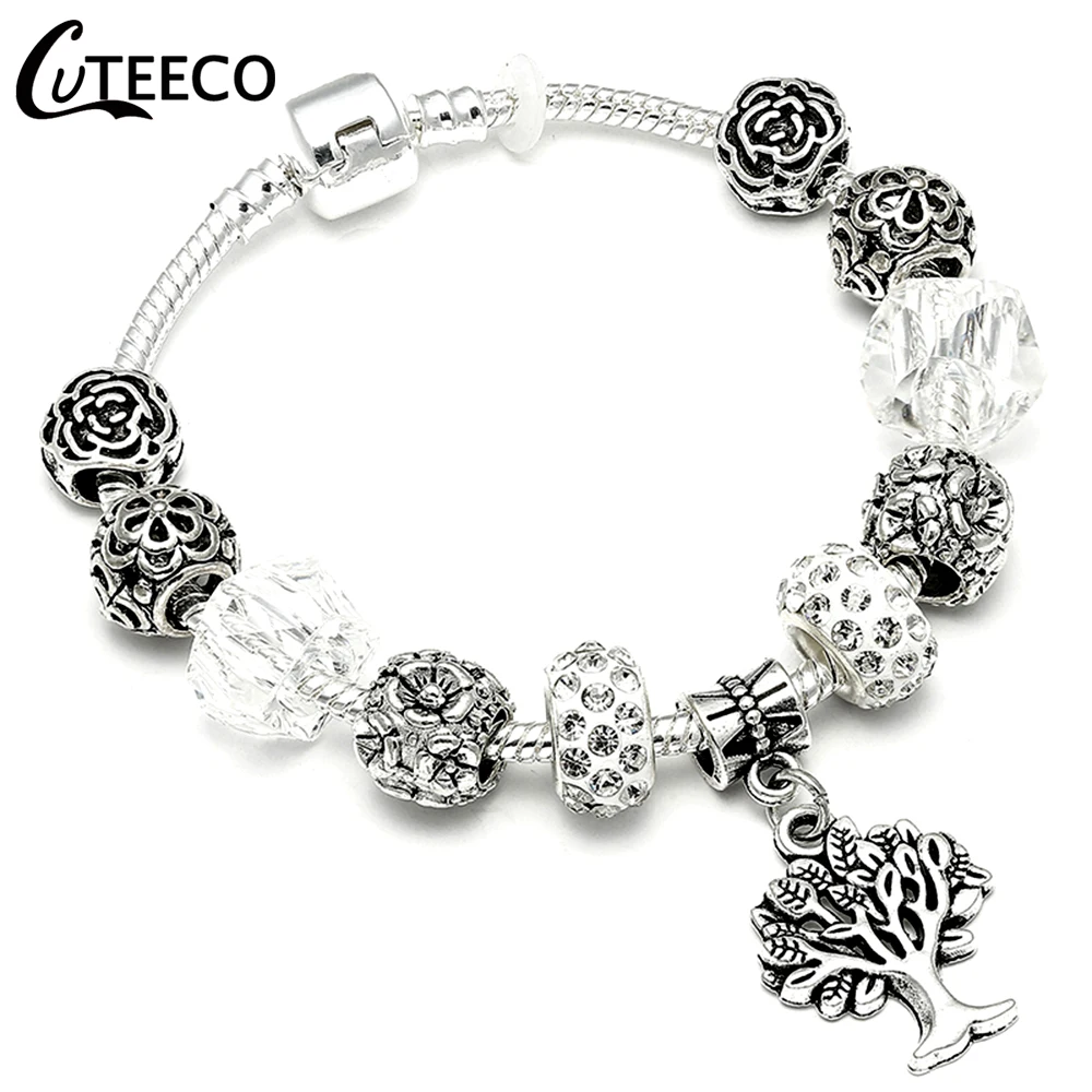 CUTEECO 925, модный серебряный браслет с шармами, браслет для женщин, Хрустальный цветок, сказочный шарик, подходит для брендовых браслетов, ювелирные изделия, браслеты