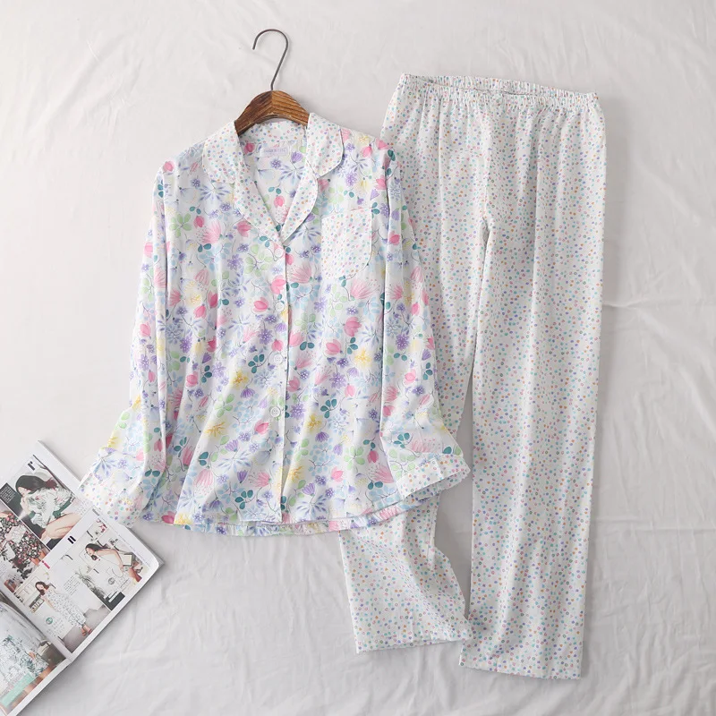 Тканые хлопковые пижамы женские s с длинными рукавами Pijama Mujer с отложным воротником пижамы женские пижамы с рисунком Домашняя одежда для сна - Цвет: Лаванда