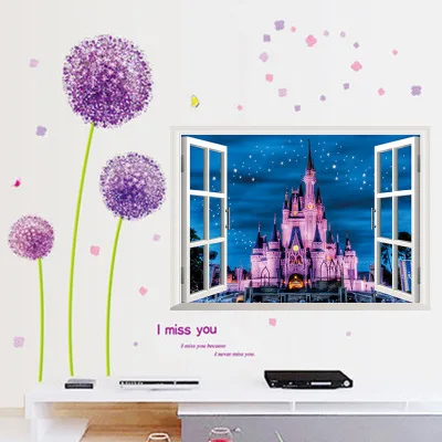 50*70 см дети мультфильм Diy Замок 3D окно вид на стену Наклейка кирпичная стена
