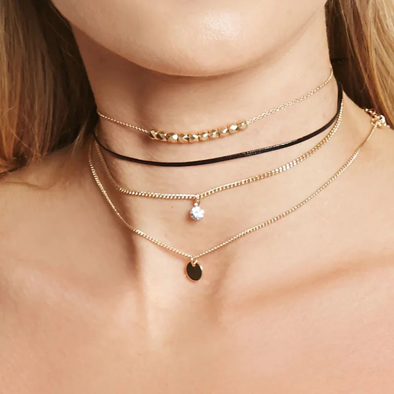 Sequin Rhinestone Pendant Choker Necklace Female Gold Color Clavicle Chains 2019 Fashion Jewelry Multi-layer Necklaces for Women | Украшения