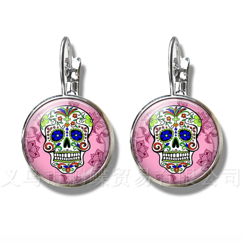 

Pinkycolor Skeleton Earrings 16mm Glass Dome Time Gem Silver Plated Personalized Jewelry Day of the Dead Stud Earrings