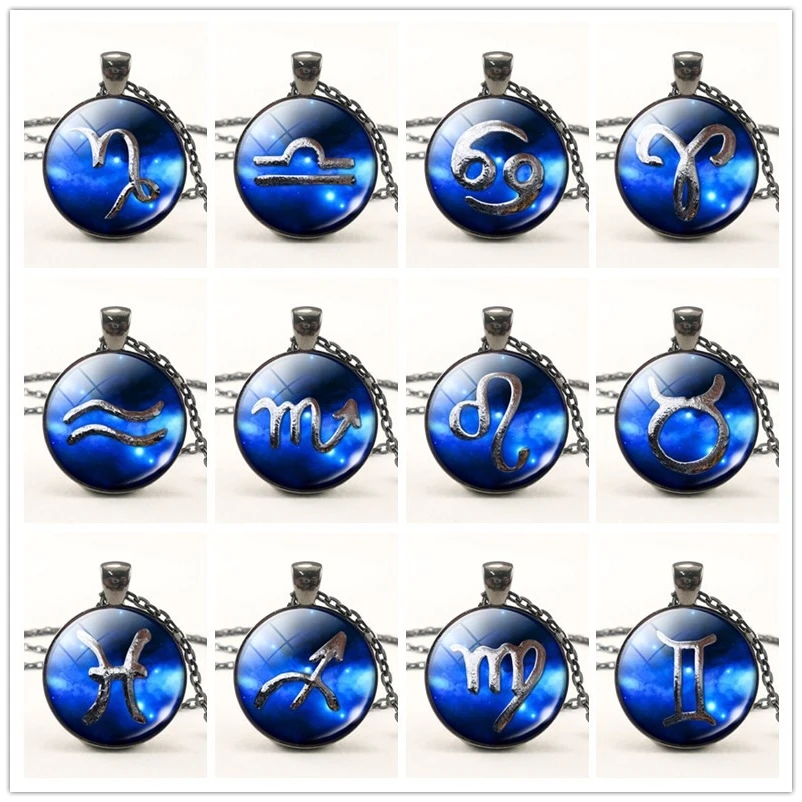 

12 Zodiac Constellation Pendant Sign Aries Taurus Leo Virgo Libra Necklace Charm Astrology Glass Dome Jewelry Birthday Gift