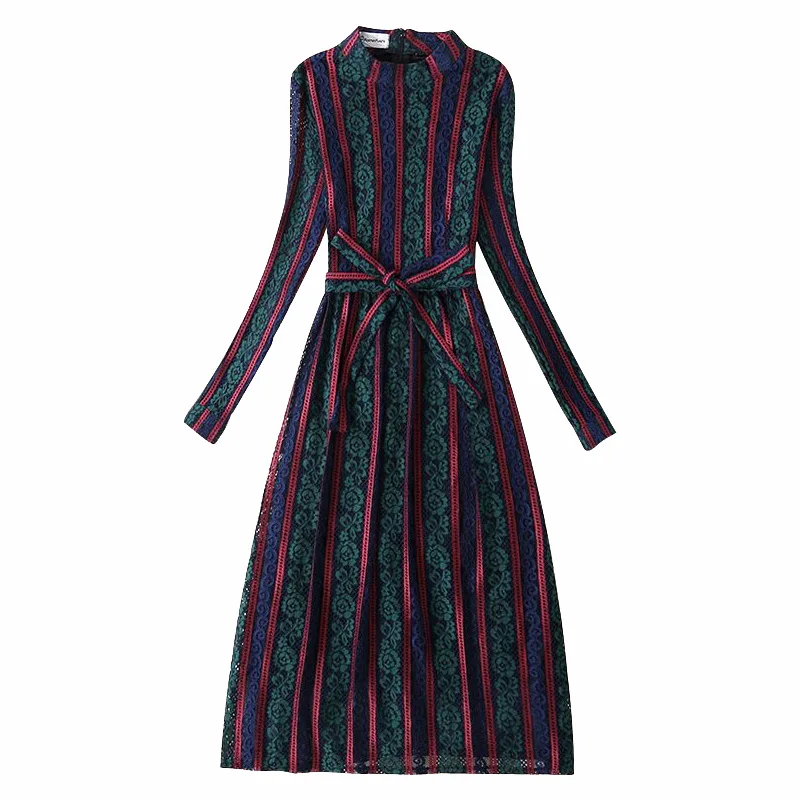 New 2018 Spring Autumn Vintage Dress Women Slim Patchwork Lace Long Robe Fashion Ladies Sleeved Casual Office Dresses | Женская одежда