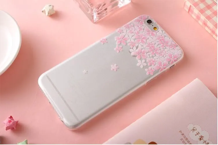 Sakura Relief Painted Phone Cases For iPhone 6 6s plus 5 5S SE Case Shell Coque Soft Silicone Transparent Cover |