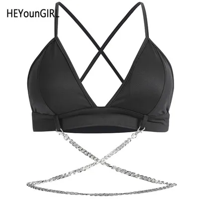Черный HEYounGIRL укороченный топ без косточек с открытой спиной, женские летние сексуальные топики с лямкой через шею, топы, футболки с повязкой на цепочке, укороченный топ, уличная одежда, вечерние - Цвет: Черный