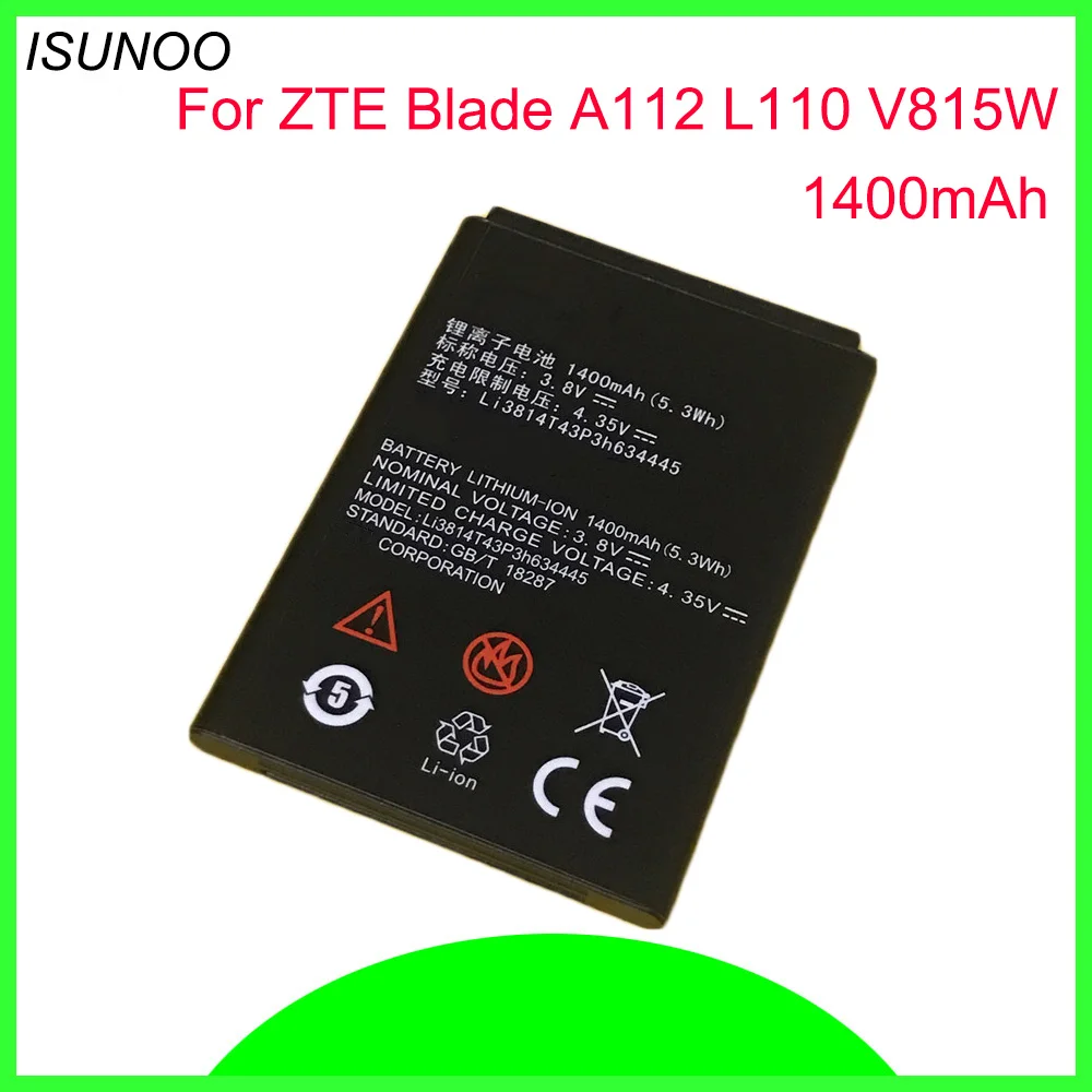 ISUNOO 10 шт./лот 1400 мАч аккумулятор для телефона ZTE Blade A112 L110 мобильного черный