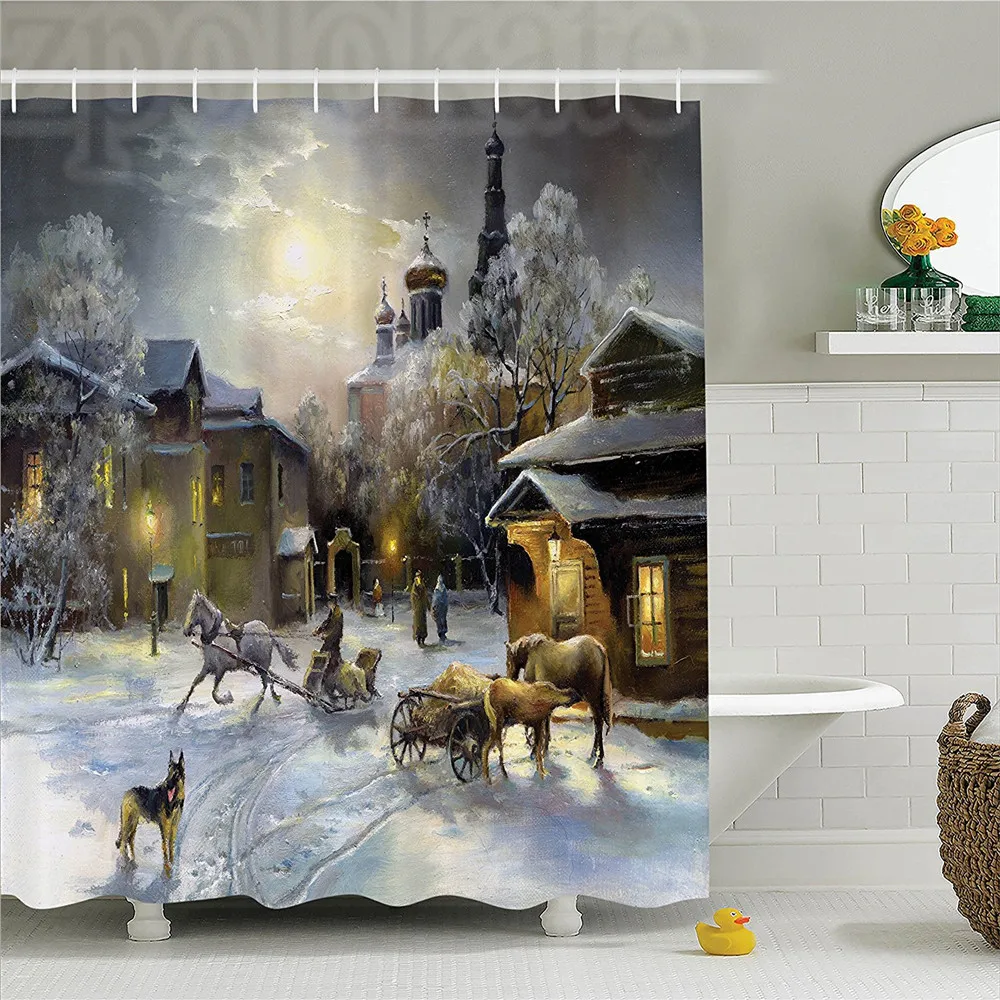 Country Decor Shower Curtain Set Winter Landscape of a Western Town at Night in New World Rurals Retro Style Art Print Deco B | Дом и сад