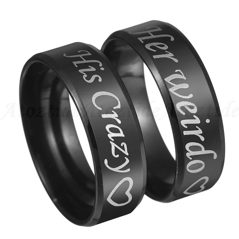Atoztide Stainless Steel Black 8mm Heartbeat Ring For Couples Sun And Moon His crazy Her Weirdo Promise Anniversary Gift | Украшения и