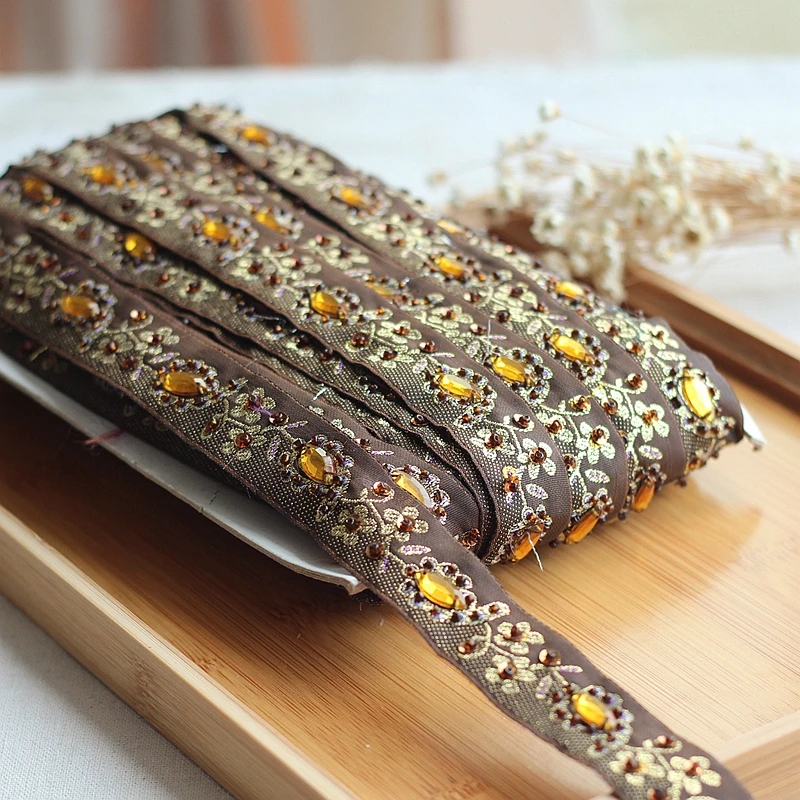 2 ярда кофейный + золотой высококачественный ручной работы с бисером и блестками