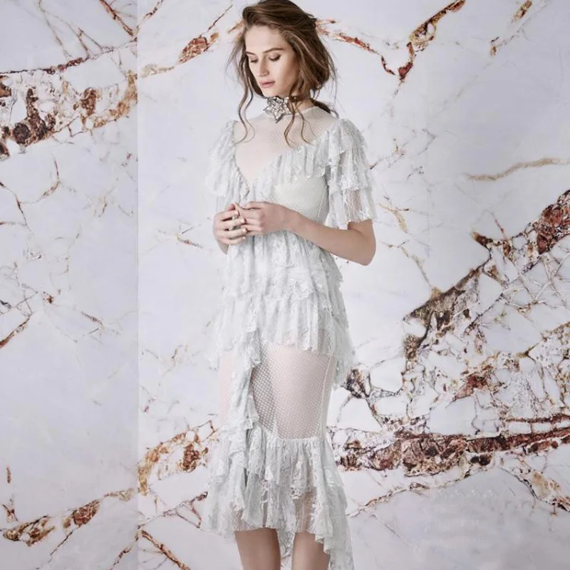 Лето Boho женское платье пикантные однотонные See Through оборками Кружевное миди 2017