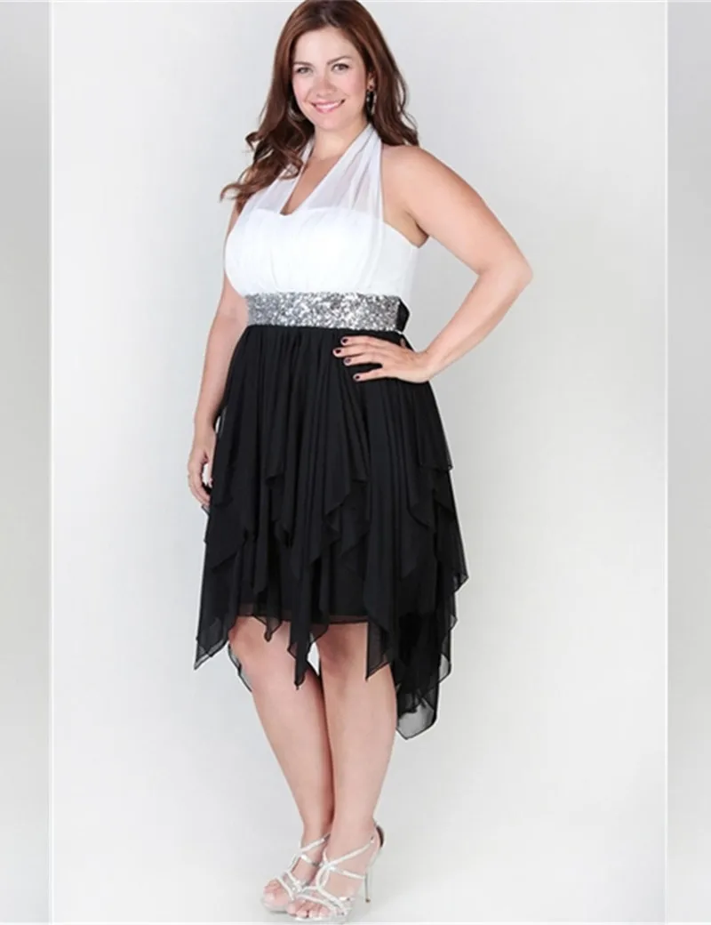 Белый и Черный Плюс Размер Коктейльные Платья Высокий Низкий Холтер шеи