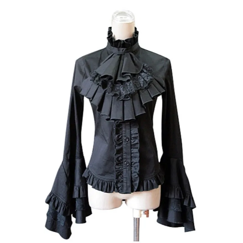 

Customized 2018 Black and White Gothic Victorian Lolita Shirts Tops Costume Long Flare Sleeve Lace Ruffles Blouses For Women