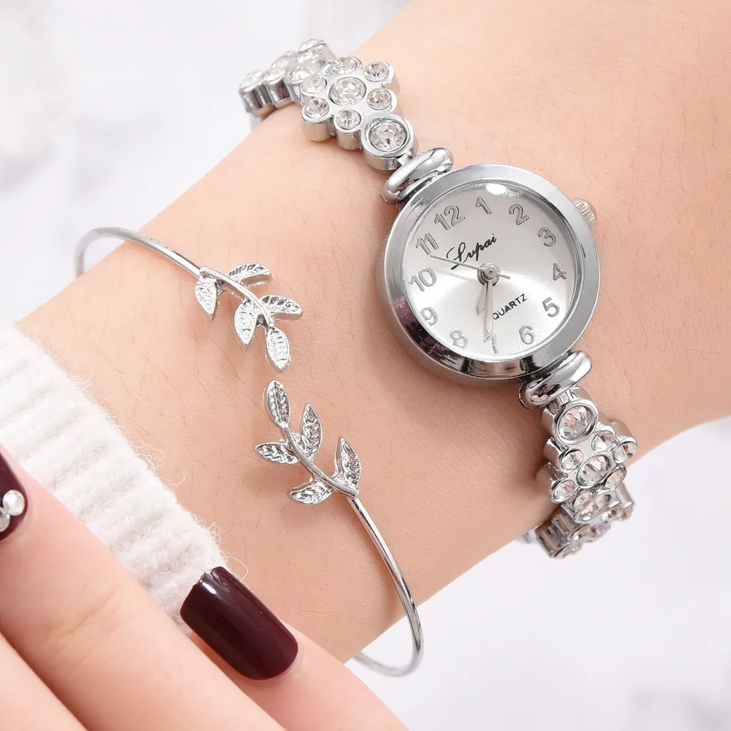 

DAIGELO 2020 Womens Watches 2pcs/set Luxury Fashion Diamond Steel Watch Temperament Leaves Bracelet Women's Jewelry Matching