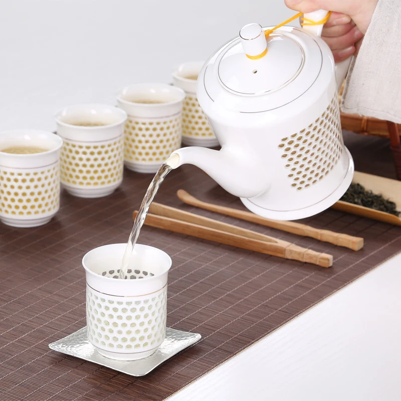 

Wourmth Ceramic Chinese Exquisite Hollow Design Kung Fu Tea Set Floral Teapot Elegant Tea Service Pot witn