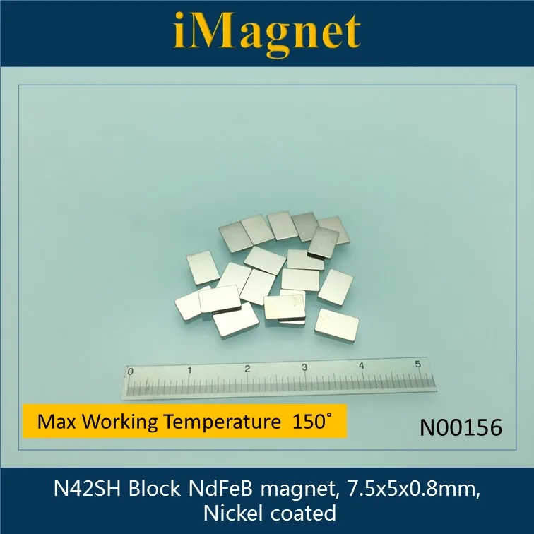

N00156 20 шт. N42SH супермощный редкоземельный неодимовый магнит, 7,5x5x0,8 мм, кубовидный магнит Ndfeb, магнит для холодильника