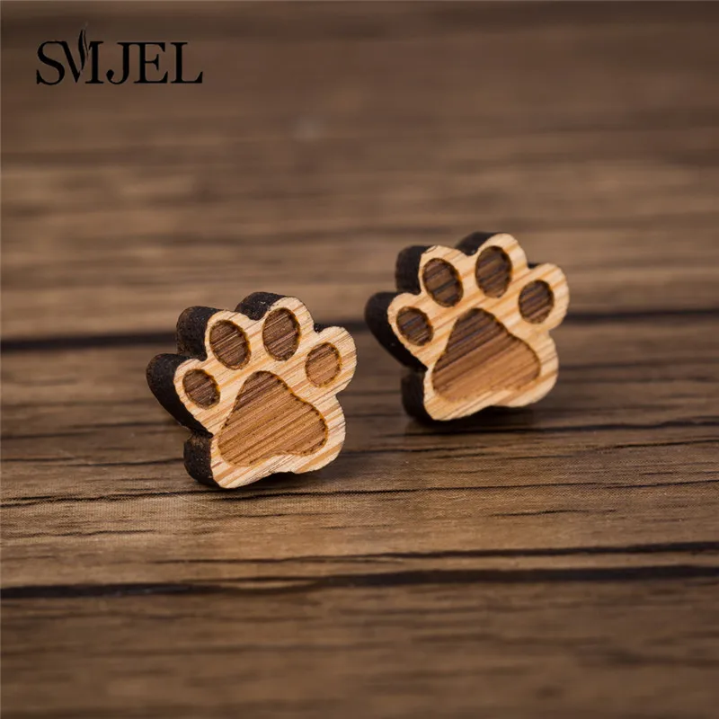 Paw Earrings SMJEL Панк Круг Кулон Серьги гвоздики деревянный для женщин Глобус мира серьги с картой ручной работы подарок для нее путешествия ювелирные изделия Мать Земля - Окраска металла: Paw Earrings