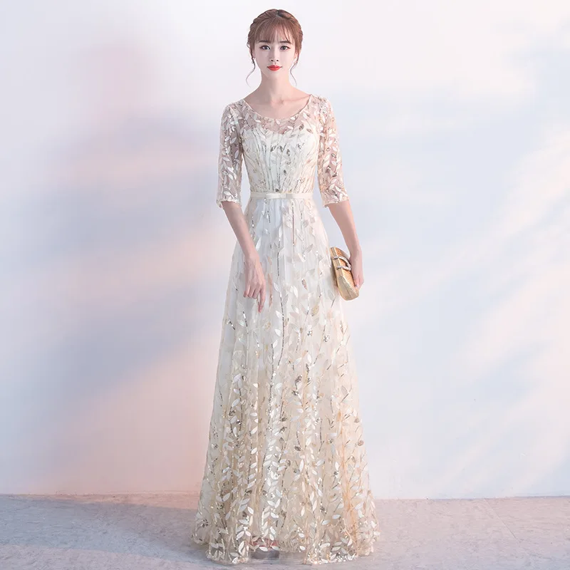 

Small evening dress female 2020 summer champagne temperament banquet slim simple ladies generous long dress