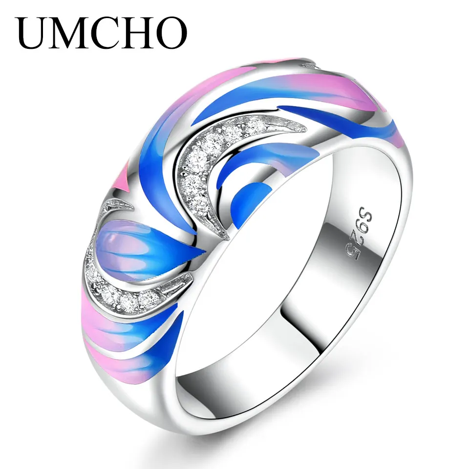 UMCHO, 925 пробы, серебряные кольца для женщин, вечерние ювелирные изделия с цветком, разноцветные, эмалированные, ручной работы, вечерние, свадебные кольца, хорошее ювелирное изделие - Цвет камня: colorful