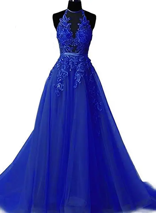 Royal blue Robe De Soiree, с аппликацией, сексуальные, с открытой спиной, длинные, вечерние платья, для невесты, для банкета, элегантные, длина до пола, женские, вечерние, на выпускной, с бретелькой через шею - Цвет: Royal blue