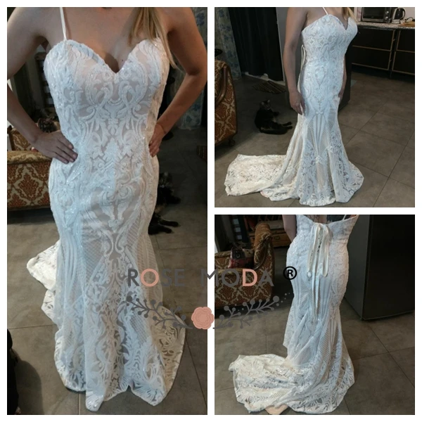 Роза Moda Потрясающие блестками кружевное свадебное платье тонкие бретели Кот над Румяна свадебное платье es со шнуровкой сзади