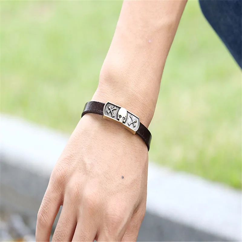 New Arrival Brown Leather Bone Skull Bracelets Zinc Alloy Skeleton Wrist Band for Fashion Male Female Viking Pirates Jewelry | Украшения и