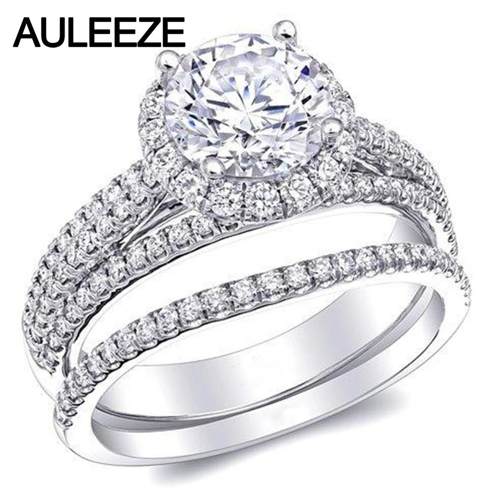 

Forever Brilliant Halo Moissanites Wedding Bridal Set 1CT Lab Grown Diamond Triple Split Shank Ring 14K White Gold Diamond Rings